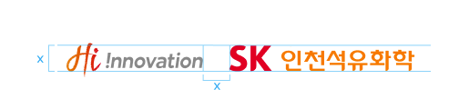 Hi !nnovation 통합 서브 브랜드와 SK인천석유화학(행복날개 없는 국문로고) 조합 규정 예시 이미지 (Hi의 ‘H’ 왼쪽 세로 길이와 SK의 세로 길이를 동일한 크기인 X로 조합할 때, 사이 간격은 X로 조합합니다.)